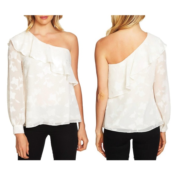 CeCe Tops - CeCe One Shoulder Ruffled Textured Ivory Blouse S